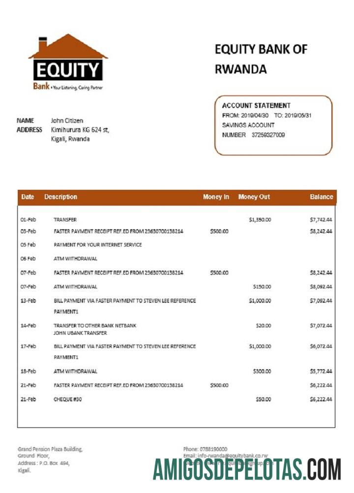 Modelo de extrato bancário para impressão do Rwanda Equity Bank Of Rwanda em formato Word e PDF